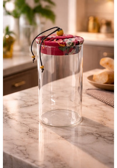 Makri Home 650 Ml Borosilikat Cam Hava Geçirmez Kırmızı Kumaş Kaplama Bambu Kapaklı Kavanoz,çap: 8 Cm, H: 18 Cm Kırmızı