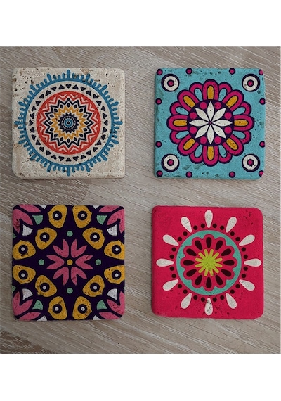 Tablosan Mandala Desenleri Doğal Taş Bardak Altlığı 4'lü Set 174138 Çok Renkli