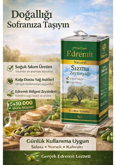 Premium Edremit Naturel Sızma Zeytinyağı Soğuk Sıkım 5 Litre Teneke