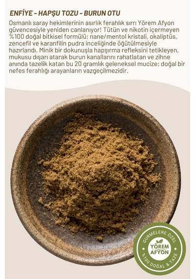 Yörem Afyon Saray Hekimlerinin Ferahlatan Mucizesi Hakiki Burun Otu, Enfiye, Hapşu Tozu 20gr.