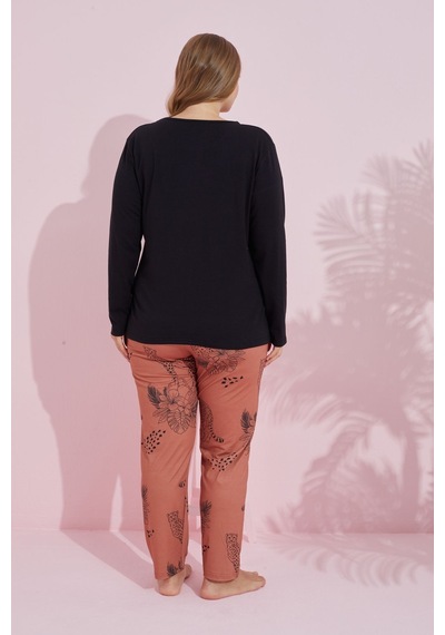 Siyah İnci Pamuklu Curve Büyük Beden Battal Boy Örme Pijama Takım24240734 Siyah