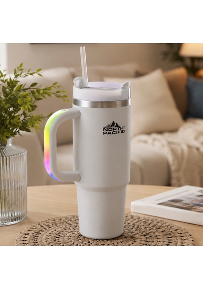 Led Işıklı Kulplu Pipetli Termos - 900 Ml Gri
