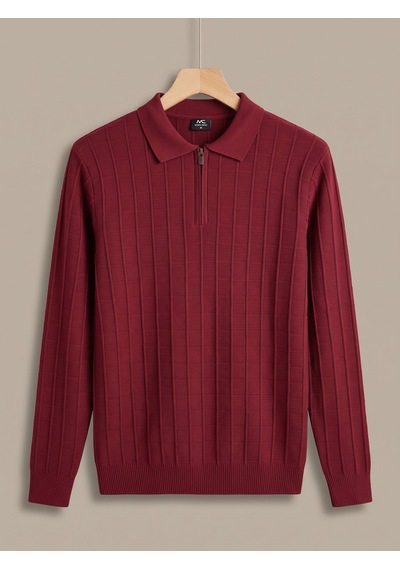Maccali Erkek Bordo Fitil Detaylı Fermuarlı Polo Yaka Triko Sweatshirt