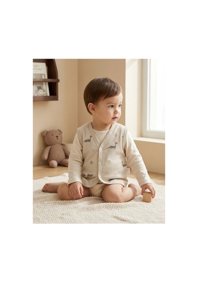 Minory Baby - %100 Pamuk Bebek Yeleği Dinozor Motifli Kahverengi Kahverengi