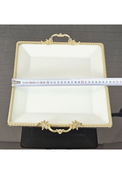 Porselen Büyük Sade Kare Servis Tabağı-sunumluk Döküm Gold Çerçeve Ve Ayaklı 27cm Beyaz