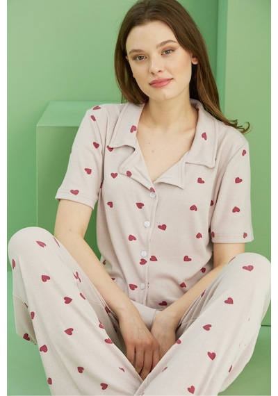 Siyah İnci Fitilli Kaşkorse Örme Düğmeli Gömlek Yaka Pijama Takım Bej