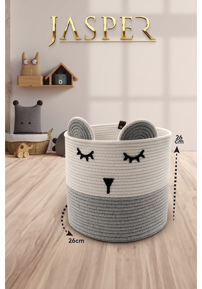 Jasper Gri Tekli Jüt İp Panda Tasarımlı Çok Amaçlı Çocuk Odası Oyuncak Kıyafet Kirli Sepeti Organizer 26x26cm Beyaz
