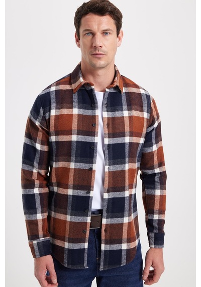 Tudors Erkek Slim Fit Dar Kesim Kareli Kışlık Oduncu Gömlek-42353 Kahverengi