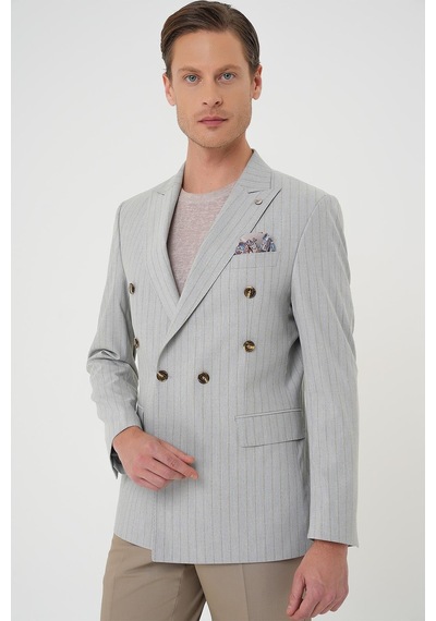 Efor Slim Fit Çift Yırtmaç Çizgili Kruvaze Casual Gri Ceket C 704 Gri