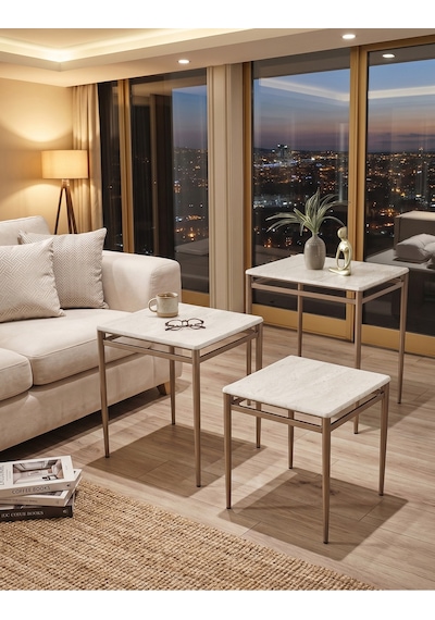 Traverten Desen Membran Kaplama 3'lü Zigon Sehpa Takımı Cappuccino Metal Ayaklı Modern Sehpa Seti