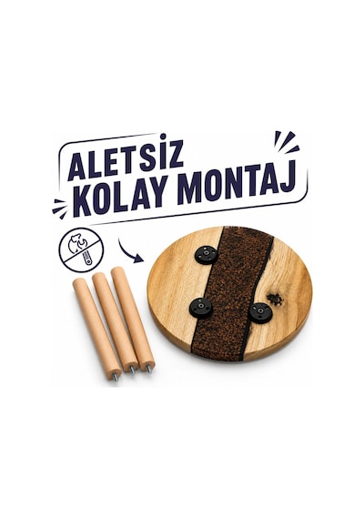 Modern Ahşap & Epoksi Detaylı Yuvarlak Kahve Sehpası Çiçek Desenli Aletsiz Kolay Kurulum Bej