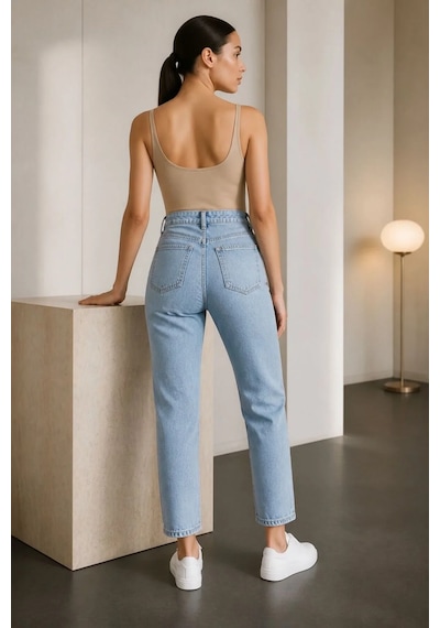 Layal My Beauty Jeannine Kadın Jeans Yüksek Bel Mom Boyfriend Dar Paça Denim Kot Pantolon Buz Mavi