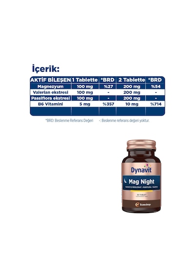 Dynavit Mag Night 30 Tablet - Akşam / Gece Magnezyumu - Magnezyum Bisglisinat, Passiflora, Valerian, B6-uyku