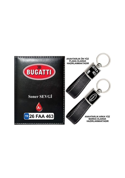 Plakanıza Özel Bugatti Logolu Siyah Ruhsat Kabı Ve Anahtarlık