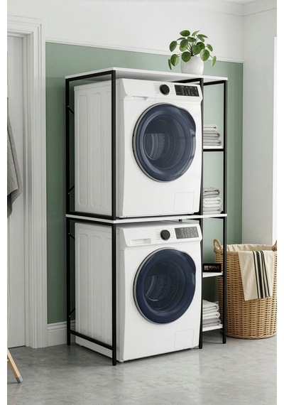 Çamaşır Makinesi Dolabı Yan Raflı Dolap Metal Banyo Organizer Çok Katlı Düzenleyici 264 Siyah Beyaz