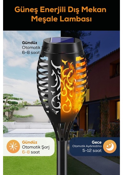 5 Adet Güneş Enerjili Alev Efektli Led Meşale Solar Bahçe Aydınlatması Ve Dış Mekan Lambası