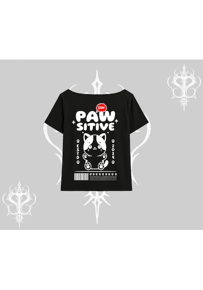 Tarzsokak Paw Sitive Kedi Arka Baskılı Kayık Yaka Tshirt Siyah