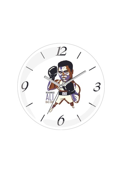 Muhammed Ali Boks Eldiven Çap 30cm Sessiz Akar Bombeli Gerçek Cam Duvar Saati Siyah