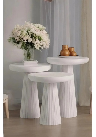 Wood Ahşap Beyaz 3 Lü Set Mantar Yan Sehpa Fiskos Çiçeklik Decorative Beyaz