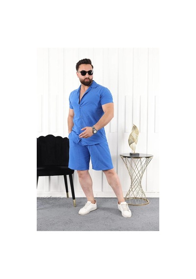 Mcz Giyim Keten Sax Mavisi Renk Slim Fit Erkek Şort - Gömlek Alt Üst Takım