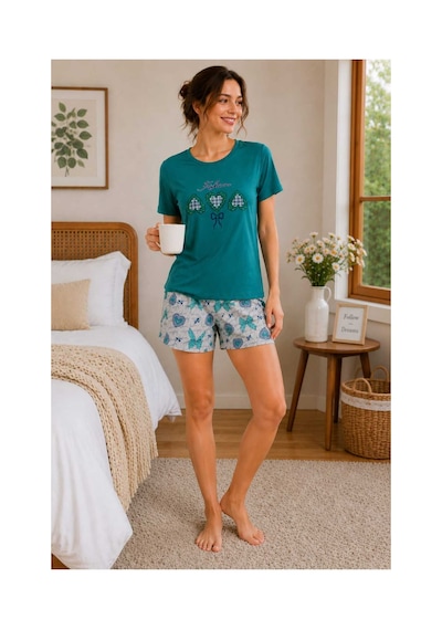 Tenra Kadın Şortlu Pijama Takımı %100 Pamuk Yeşil