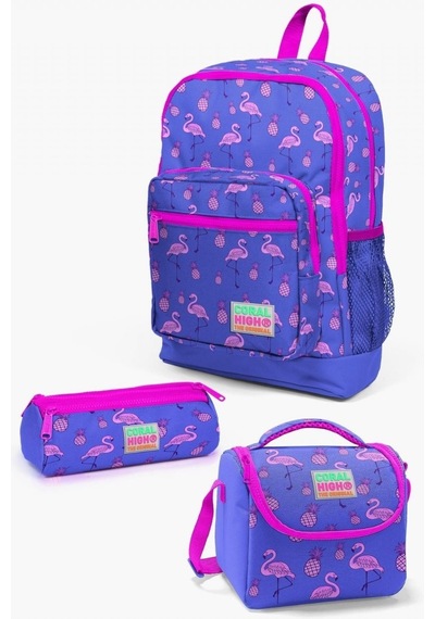 Coral High Kids Lavanta Pembe Flamingo Desenli 3 Lü Okul Çanta Seti