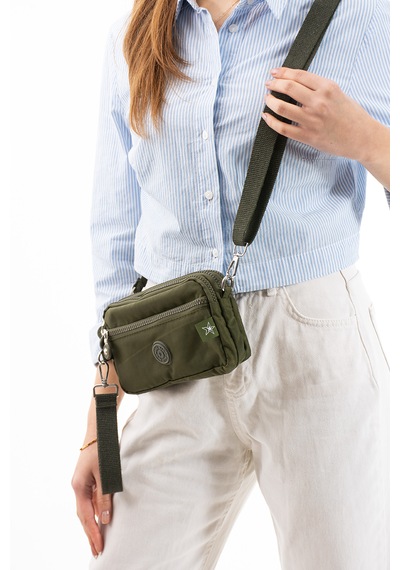 Nemo Bags Haki Unisex Cüzdan, 4 Gözlü, Telefonluk, Crinkle Kumaş, Çapraz Askılı Omuz Çantası, 20x12cm Haki