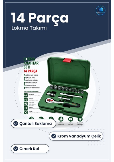 Lokma Takımı İnç 14 Parça Çantalı Krom Vanadyum Cırcırlı Oto Bakı