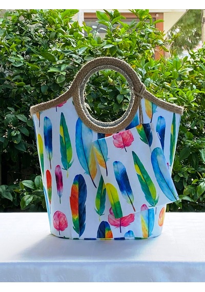 Jüt Hasır Plaj Çantası Renkli Tüyler Çok Renkli
