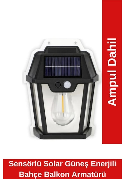 Sensörlü Solar Güneş Enerjili Bahçe Balkon Armatürü- Sarı Işık Rustik Ampul Dahil