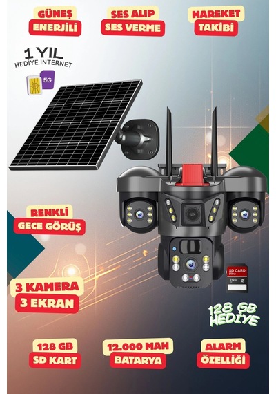 Yapay Zeka 4k Simkartlı Güneş Enerjili 3 Kameralı 3 Ekranlı Güvenlik Kamerası Renkli Gece Görüş Sesl