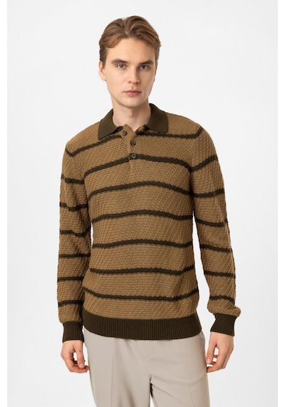 Back&bond Bej Regular Fit Çizgili Yünlü Polo Yaka Triko Kazak Camel