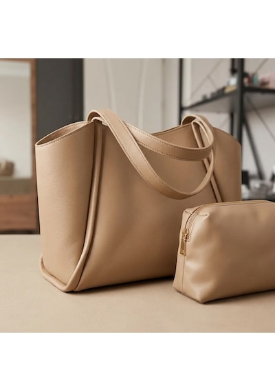 Bezos Bej Yumuşak Deri Omuz Çantası 31x24 Cm Ekstra Makyaj Çantalı Günlük Kadın Çanta Bezos1