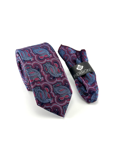 Pierroni Bordo Mavi Desenli Mendilli Kravat Çok Renkli