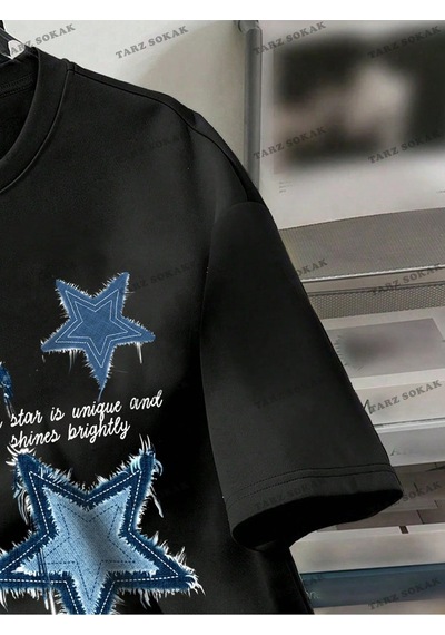 Startmore Yıldız Baskılı Oversize Kalıp Unisex T-shirt Siyah