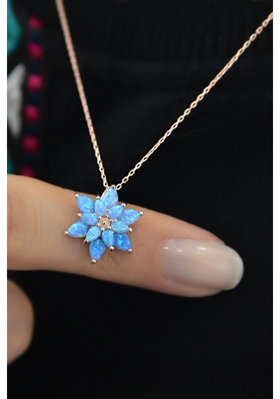 925 Ayar Gümüş Turkuaz Doğal Opal Taşlı Lotus Kolye