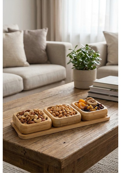 Makri Home Bambu 3'lü Çerezlik & Kuruyemiş Sunum Seti Kare Tepsili, Doğal Ahşap Servis Kasesi Bambu