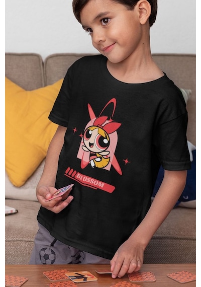 Sevbano Blossom Baskılı Unisex Power Puff Girls Çizgi Film Çocuk Tişört Siyah