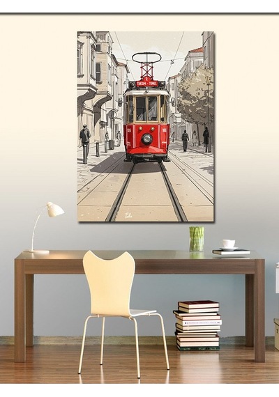 Kanvas Tablo Kırmızı Tramvay Sokak Manzarası 50cmx70cm