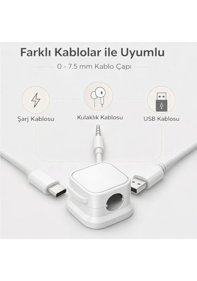 Manyetik 6'lı Kablo Tutucu Düzenleyici Organizer Klips Beyaz