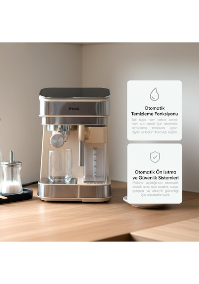 Fressi Espresso Latte Cappuccino Kahve Makinesi Otomatik Süt Tanklı 20bar Basınçlı Lavante Krem 4506