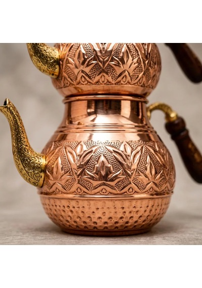 Aura Copper El İşlemeli Bakır Çaydanlık Seti 1 Mm Üst 850-950 Ml Alt 1850-1950 Ml 27 Cm