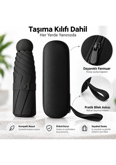 Sena Ticaret Mini Kapsül Şemsiye - Uv Korumalı Portatif Katlanır Siyah
