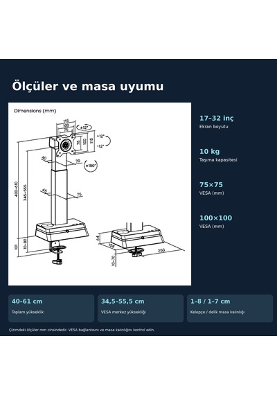Npo Std8301 Yüz Algılayıcılı Otomatik Ayarlı 17-27" 10kg Kablosuz Şarjlı Vesa Tek Monitör Tutucu