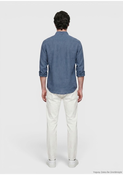 Ramsey Petrol Düz Casual Fit Uzun Dokuma Casual %100 Keten Gömlek