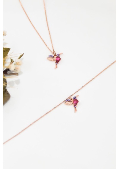 Papatya Silver 925 Ayar Gümüş Rose Kaplama Taşlı Kuş Kolye Bileklik Set