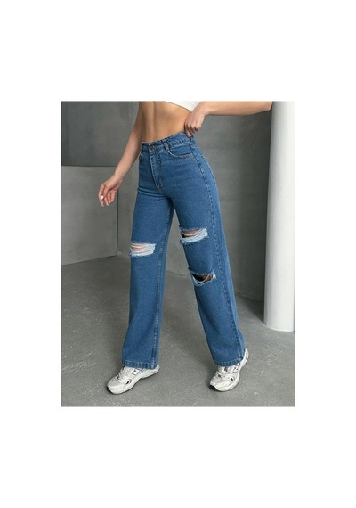 Kene Jeans Çift Diz Lazer Yırtık Mavi Bol Paça Jeans Mavi