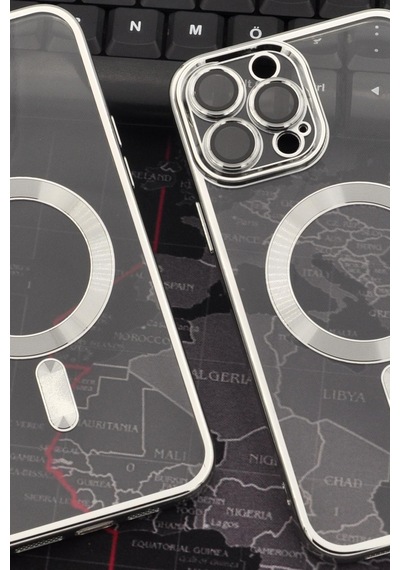 Apple Uyumlu iPhone 13 Pro Max Magsafe Özellikli Gümüş Gri Silver Renkli Kenarlı Lazerli Şeffaf Kılıf Lens Korumalı