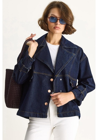 Shade Kadın Geniş Yaka Uzun Kollu Ayarlanabilir Manşetli Denim Ceket 6089 60283543 - Lacivert