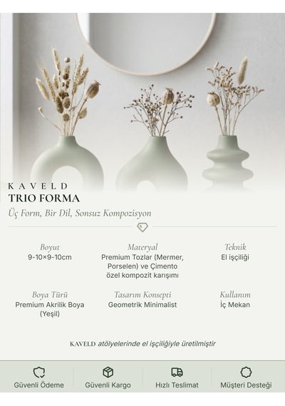 Kaveld Trio Forma El Yapımı 3'lü Dekoratif Vazo Seti, Kemer + Yığma Halka + Donut Form Mermer Tozu & Beton Minimalist Kuru Çiçek Vazosu Yaprak Yeşili Kaveld Trio Forma El Yapımı 3'lü Dekoratif Vazo Seti, Kemer + Yığma Halka + Donut Form Mermer Tozu & Beton Minimalist Kuru Çiçek Vazosu Yaprak Yeşili